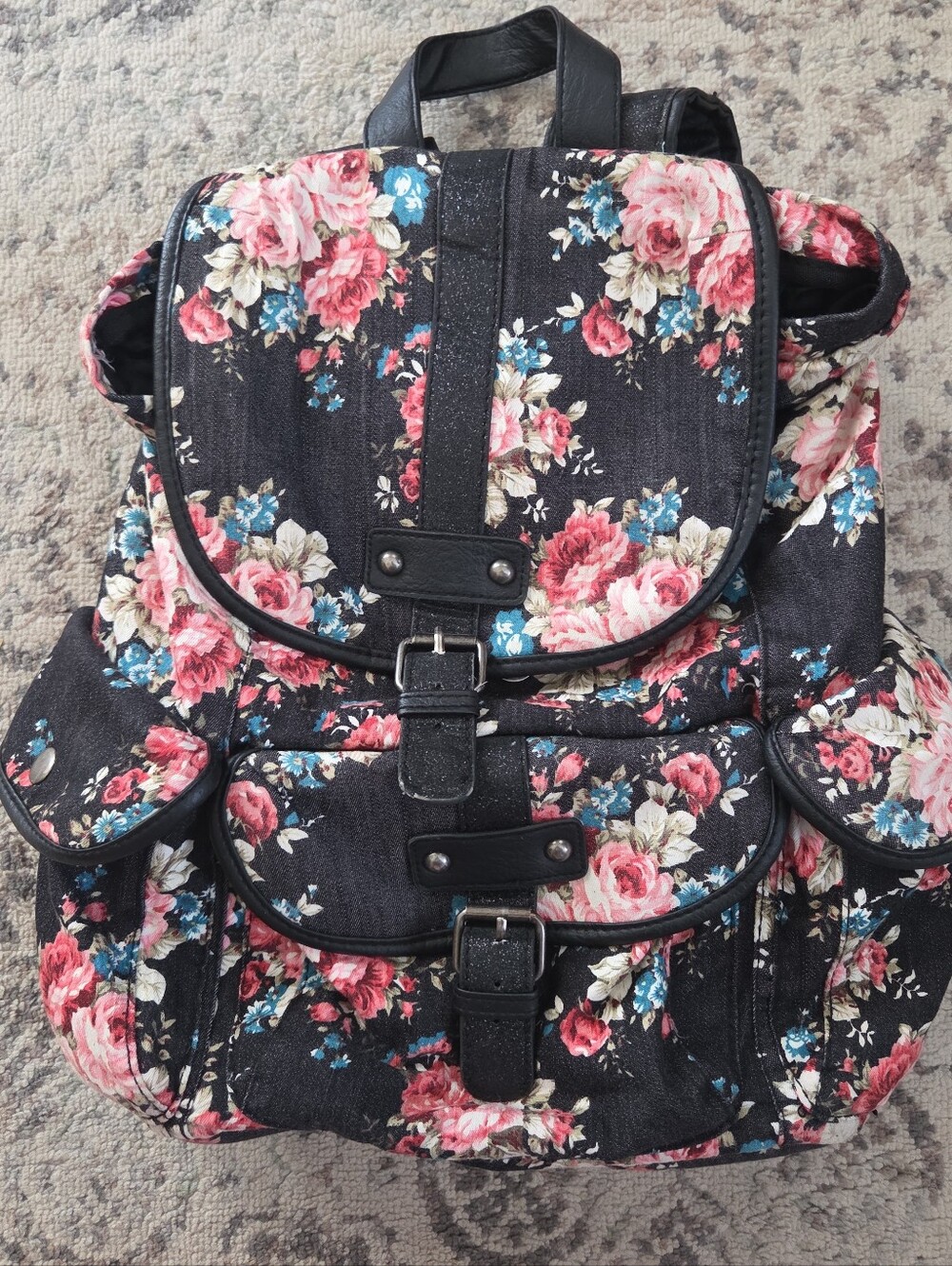 Olsenboye Black Floral Canvas Backpack Black Faux Leather Trim Boho Rucksack - Picture 2 of 11
